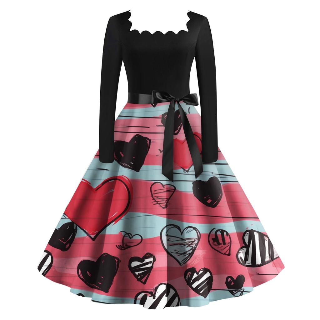 Женское винтажное классическое платье с длинным рукавом и принтом на День святого Валентина с квадратным вырезом и распашным платьем