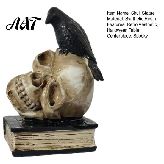 Spooky Bookshelf Display Figurines Halloween Skull Head Statue, Gothic Crow And Book Sculpture, Statue with Resin for Home Party Table