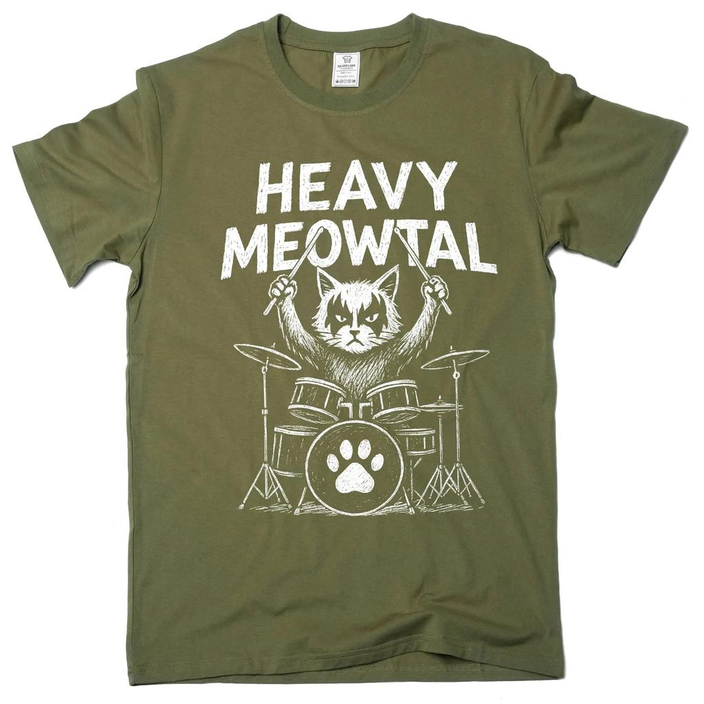 Мужская футболка Meowtal с тяжелым принтом, смешная футболка с кошкой-музыкантом, футболка для барабанщика музыкальной группы