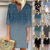 Summer Dresses For Women Fashion Casual Printed Loose V Neck 3/4 Sleeve Dress