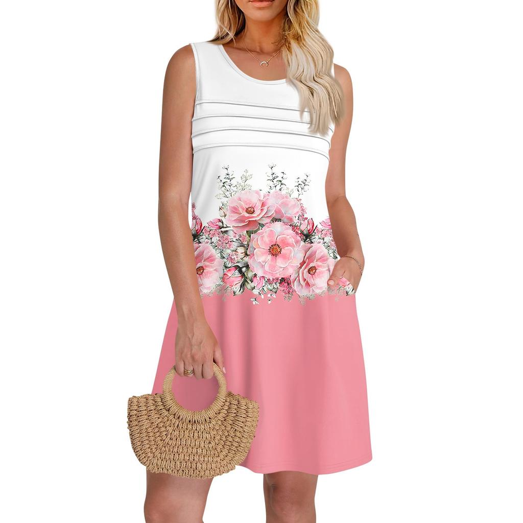 Женские летние платья с круглым вырезом, плиссировкой спереди, без рукавов, карманами, сарафаном, повседневным платьем