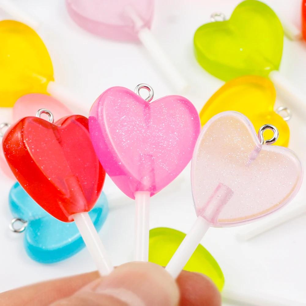 10PCS Glitter Hearts Shape Lollipop Resin Pendants Cute Candy Charms for Jewelry Making Supplies Diy Earings Keychain Findings