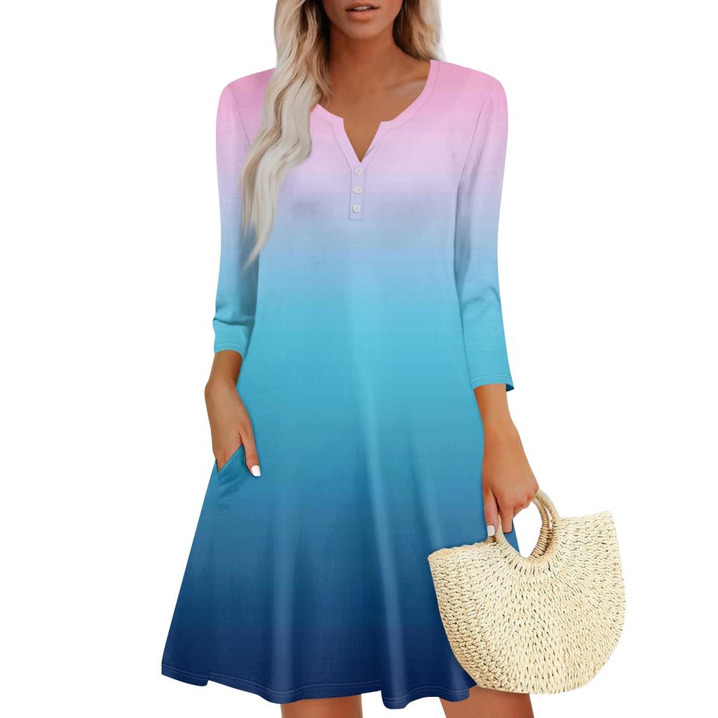 Women's Summer Dress Loose V Neck Three-quarter Sleeve Sundress With Pockets Dress