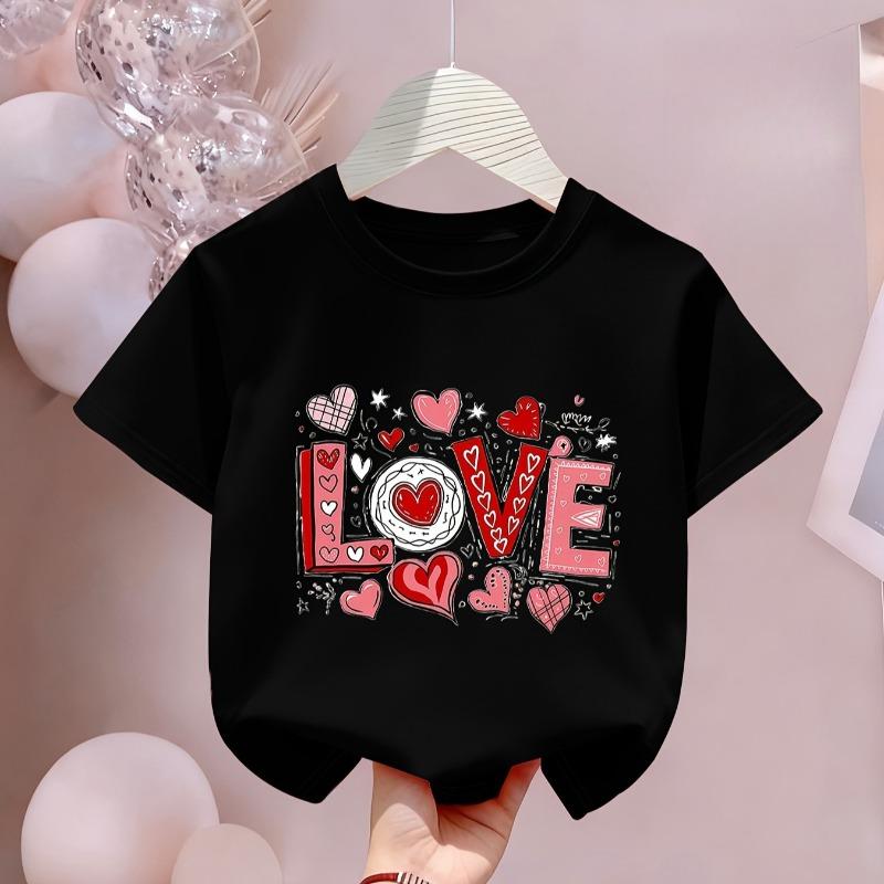 Kids Crewneck Short Sleeve Tee, Happy Valentine's Day Heart Letter Cartoon Print, Breathable Cool Spring Summer Casual Top