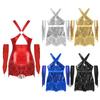 Womens Glittery Cha Cha Dance Costume Cross Front Sequins Tassel Leotard with Metallic Gloves Performance Wear