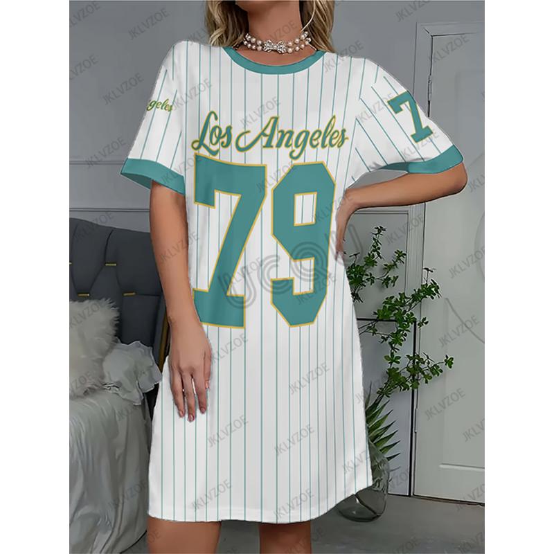 New Arriavl Summer Stripe Los Angeles 79 Print Women Short Sleeve T-shirt Dress Hawaii Vacation Casual Maternity Fashion Dress