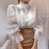 Women Chiffon Button Turtleneck Shirt Chic Elegant Floral Lace Fluffy Long Sleeve Top Fashion Hollow Oversize White Blouse