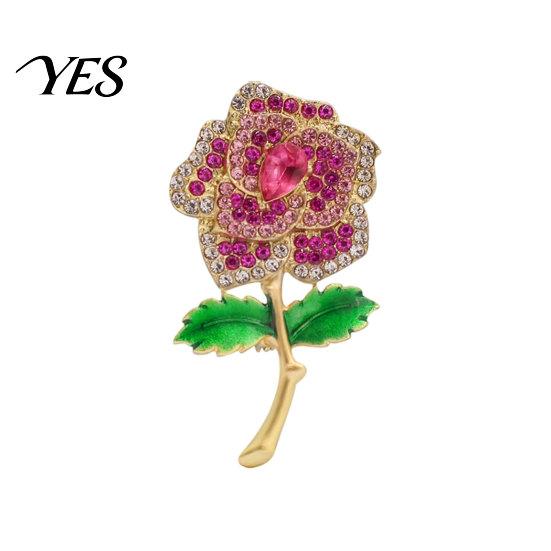 Retro Leaf Brooch Pin, Three-Dimensional Rose Shape Lapel Pin with Enamel Green Decorative Leaves, Multi-Layered Rhinestone Inlay Badge for
