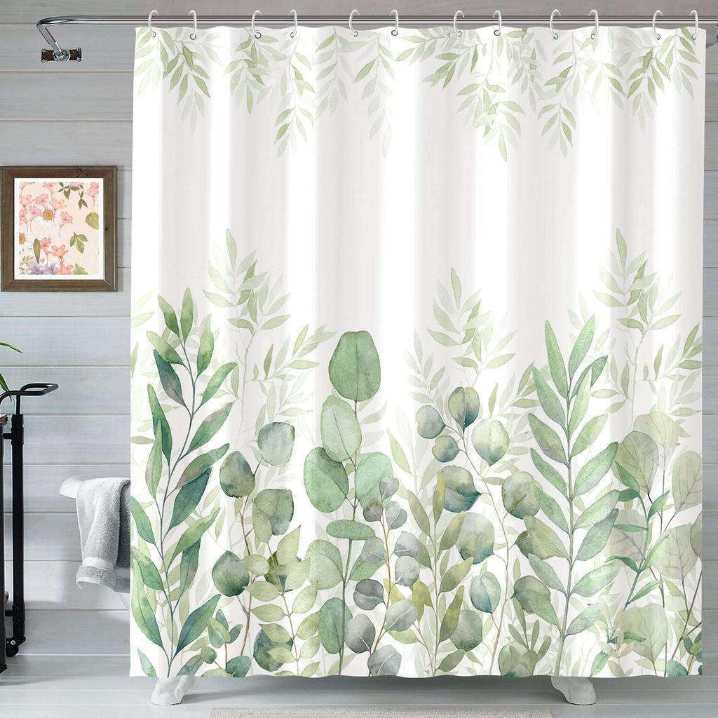 Tropical Green Leaves Plant On White Background Odorless Shower Curtains for Bathroom Showers and Bathtubs Decor with Hooks