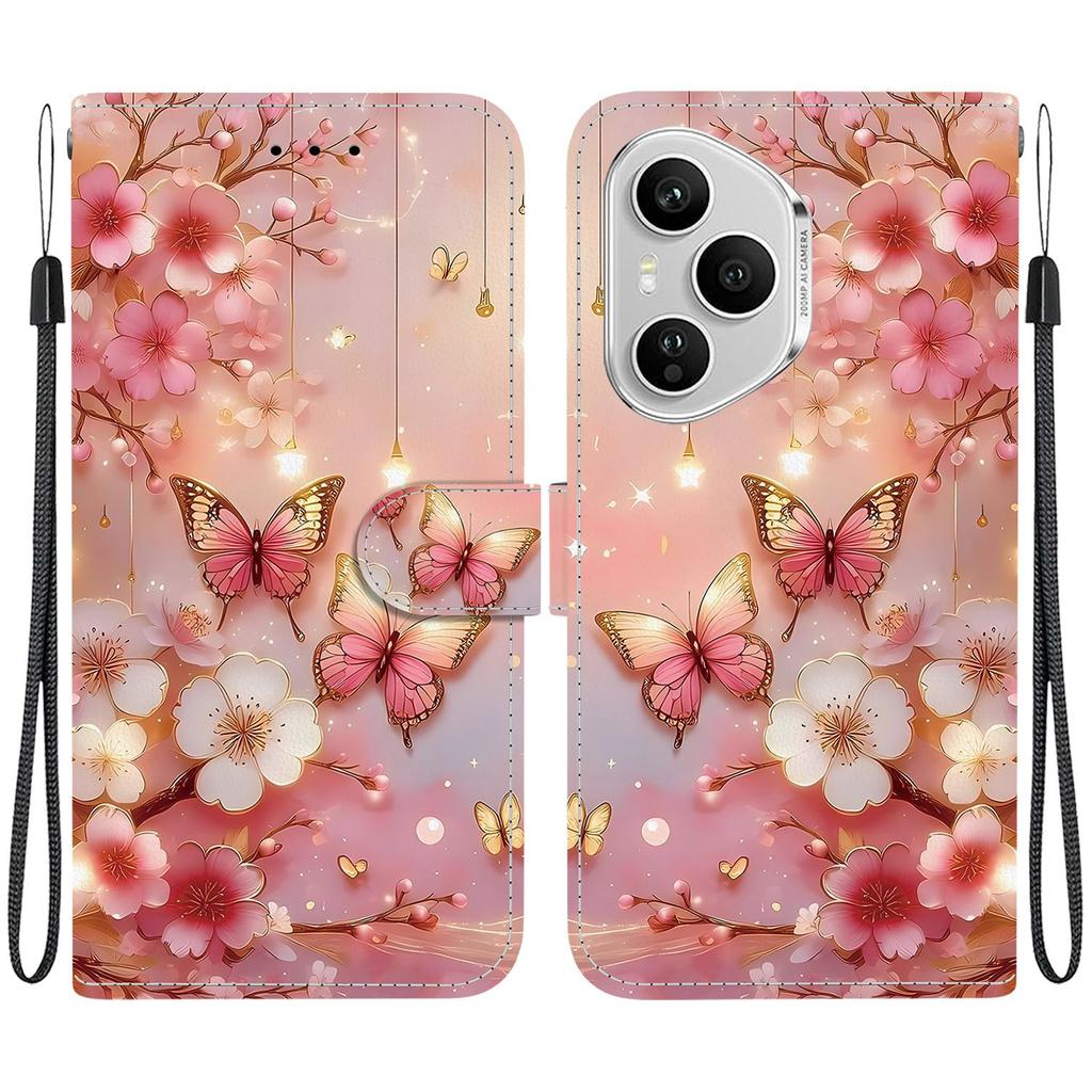 Для Honor 400 Pro 5G (Глобальный) Кожаный чехол-подставка-кошелек с принтом и ремешком на запястье