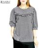 Женские летние клетчатые блузки с круглым вырезом и рукавом 3/4