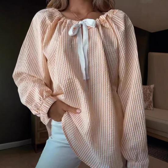 Женская рубашка с круглым вырезом, бантом, шнуровкой, длинным рукавом, полосатым принтом, свободный крой, для вечеринок, офиса, повседневной носки