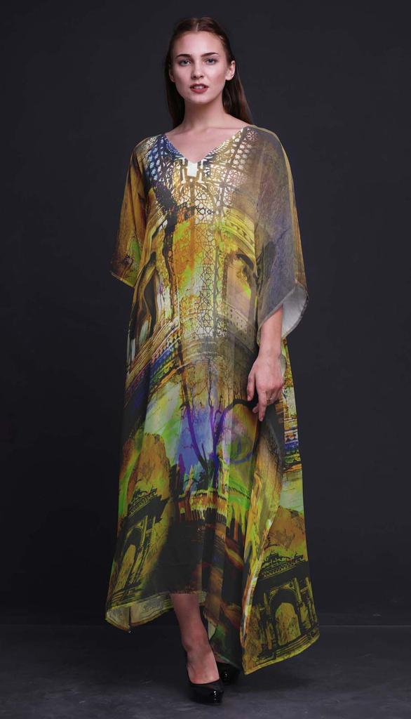 Phagun Mughal Monuments Long Caftan Maxi Dress Beach Swimwear Cover Up Womens