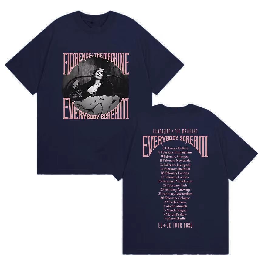 Рок Florence The Machine Everybody Scream Тур 2026 Графическая Футболка Унисекс Женская Винтажная Чистый Хлопок Топ с Коротким Рукавом Уличная Одежда