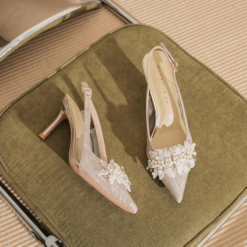 7520-3 [овчина] туфли на высоком каблуке женские тонкий каблук 2025 новый заостренный хрустальные свадебные туфли сумка голова жемчужные сандалии