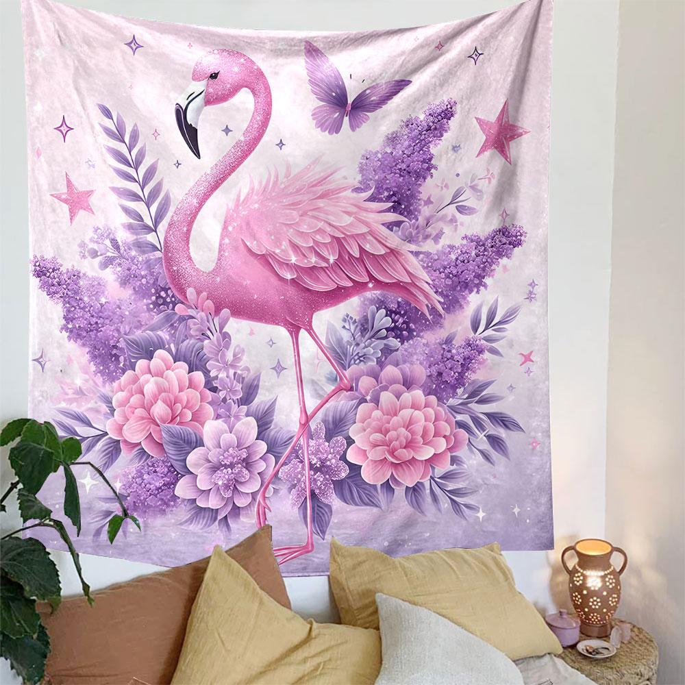 Pink Flamingo with Flowers and Stars Patterned Tapestry Decorative Wall Hanging, Home Bedroom Living Room Decor