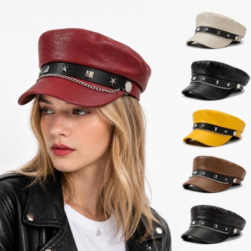 PU Leather Baker Boy Cap Solid Color Beret Hat Fashion Newsboy Hat Street Style