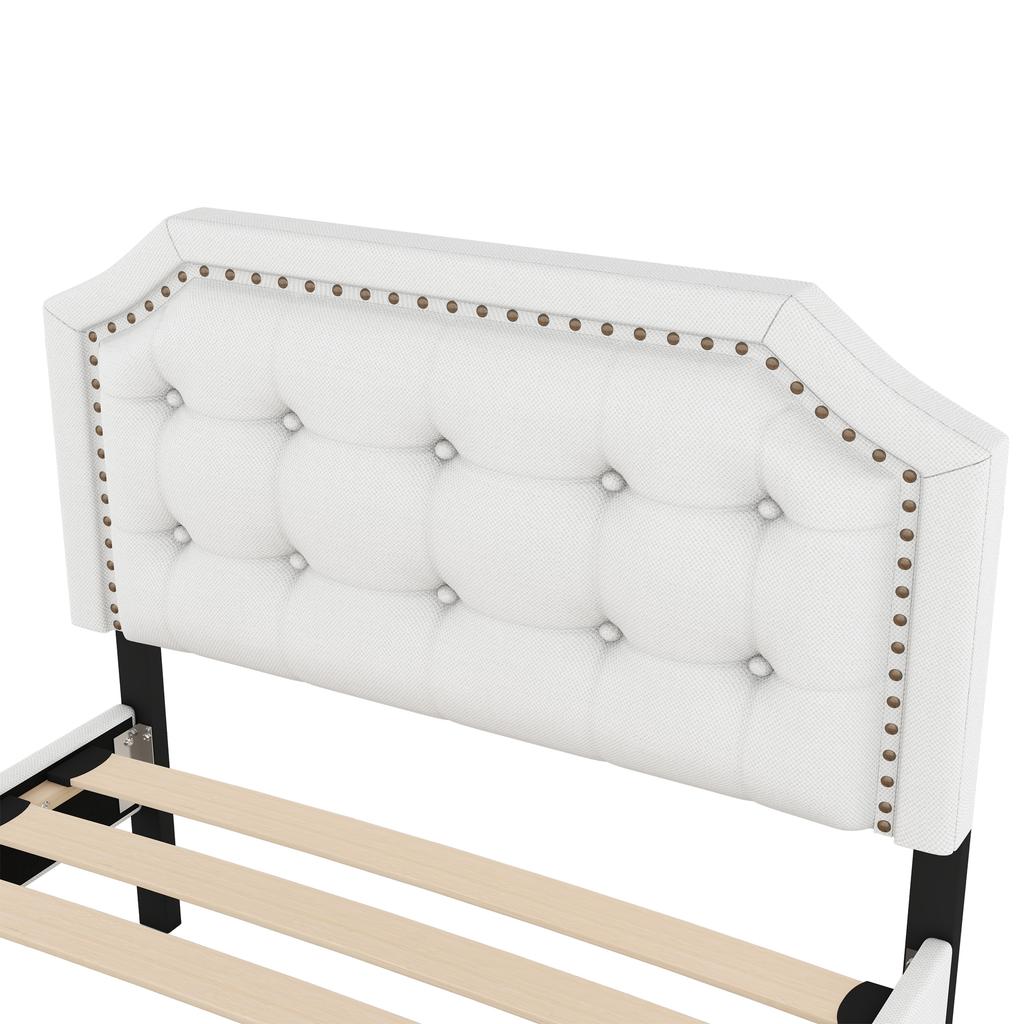 90*200 cm Low Bed, Upholstered Bed, Nightstand Upholstery with Decorative Rivets, Double Drawers, Light Beige