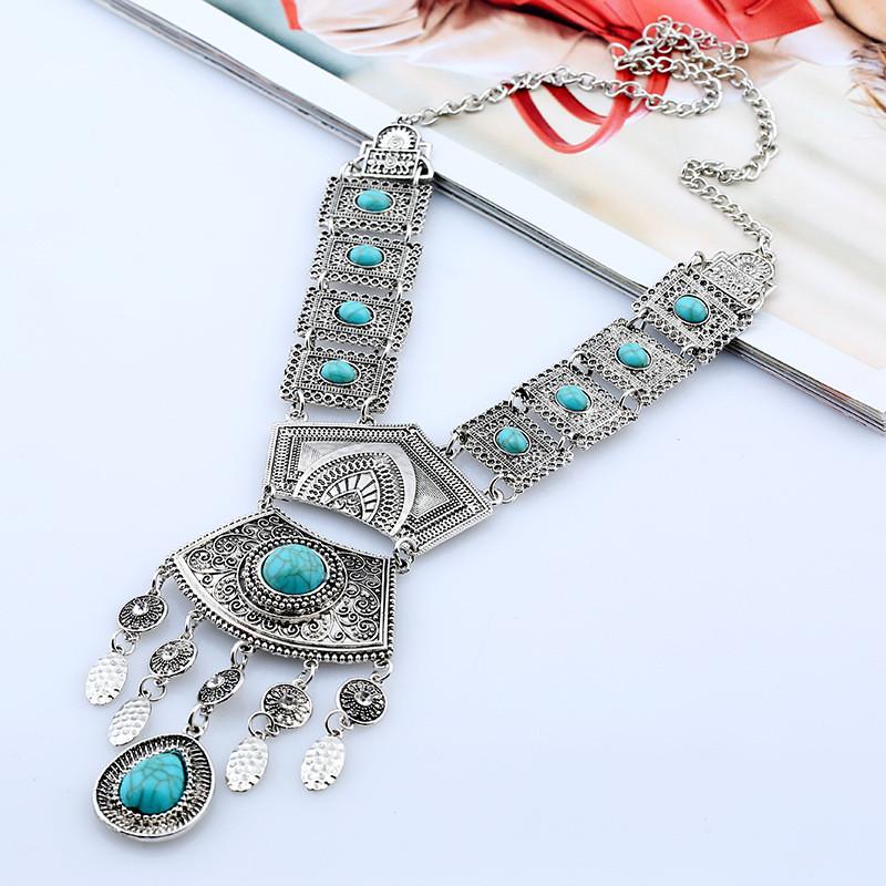 Simulation Style Ethnic Gemstone Decoration Women Metal Necklace Tassel With