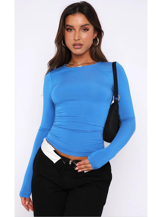 2023 Женская футболка с длинным рукавом, приталенная, нестандартная, однотонная, с круглым вырезом