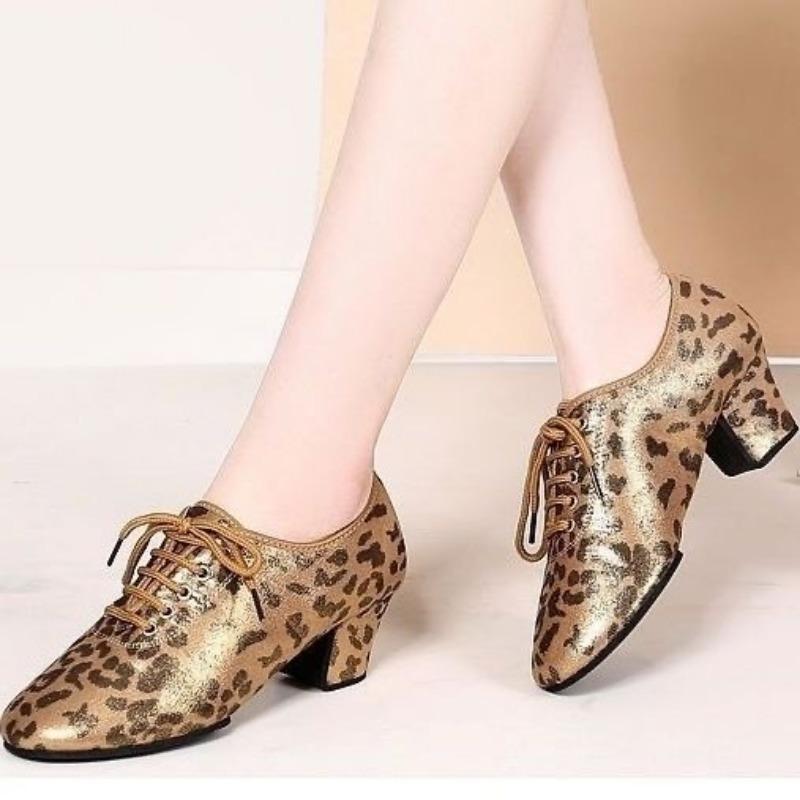 Fashion Golden Leopard Print Women Girls Latin Shoes Teacher Shoes Lace Up Modern Ballroom Jazz Practise Shoes 5CM Heel