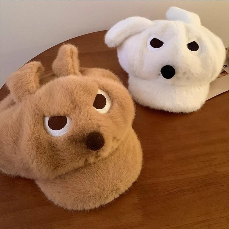 Angry puppy ears plush beret female autumn and winter cute octagonal hat plush thickened warm cap