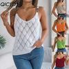 Spring Summer V-neck Hollowed-out Metal Buckle Halter Knitted Sweater for Vacation Women