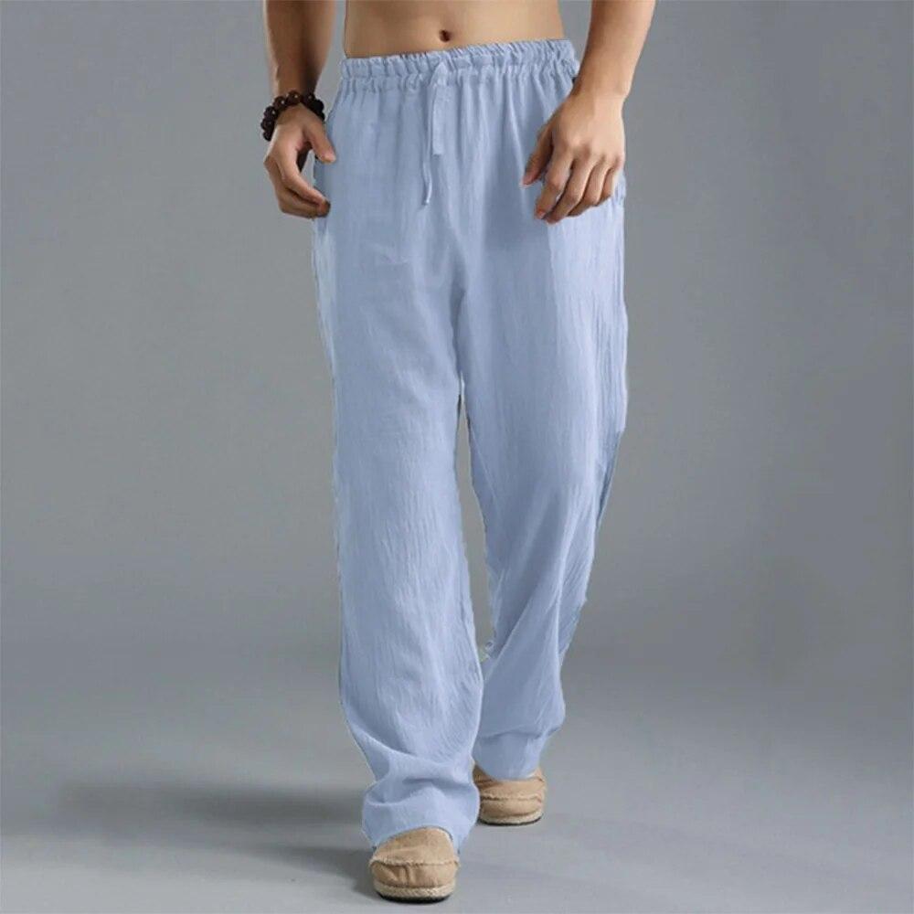 Базовые однотонные мужские льняные брюки, повседневные свободные пляжные брюки с веревкой, уличные брюки
