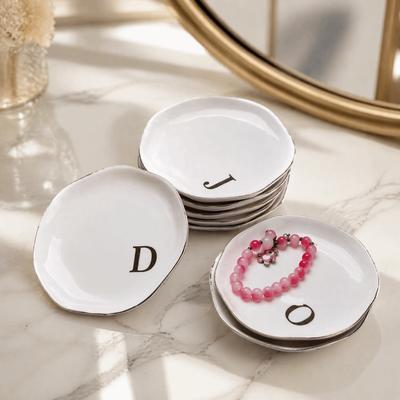 Gold Rim Ceramic Jewelry Dish A-Z Vanity Trinket Storage Dish Marking Sequence