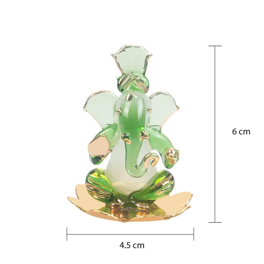 God Ganesh Sitting On Petal Statue (Murti) Idol Showpiece Handmade of Crystal Glass by for Worship, Decoration, Car Dashboard, Gift (Green), Small