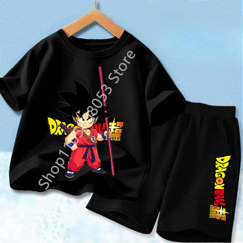 2026 Anime Cool Goku Dragon Ball Z Boys CosPlay Short Sleeve Shorts with Pocket Beach Pants Breathable T-shirt Kids Suit