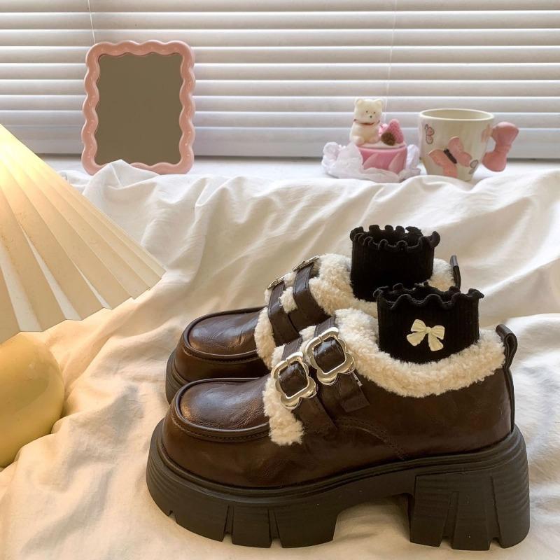 Fashion Women Pumps Autumn Winter British Style Leather Shoes for Women New Student Japanese Vintage Plush Warm Cotton Shoes for Women