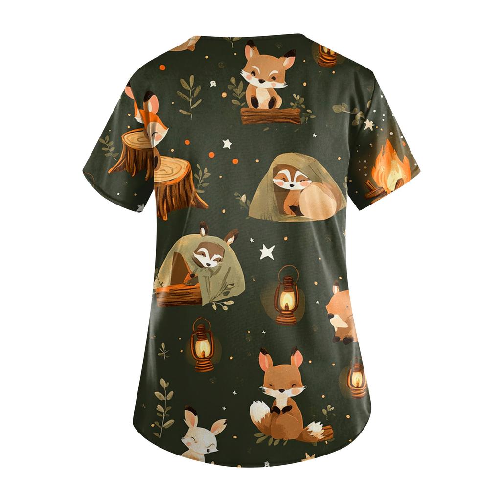 Women's Fashion Short Sleeve Cute Animal Printed V-Neck Pocket Workwear Tops