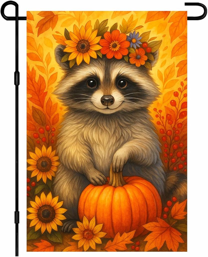 Thanksgiving Fall Garden ag 12x18 Inch Raccoon Pumpkin ower Crown Outdoor ag Double Sided Autumn Animal Yard Banner wi KZA
