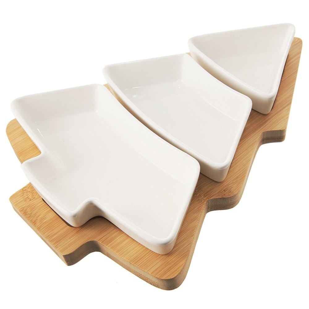 White Porcelain Tree Snack Bowls with Bamboo Tray 28cm 4-Pack