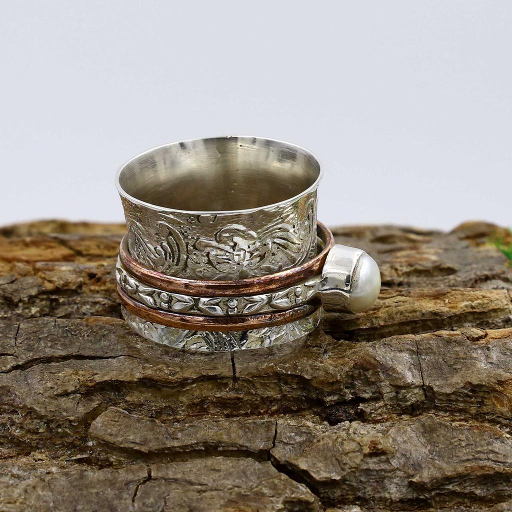 Кольцо из стерлингового серебра 925 пробы, Кольцо с белым жемчугом, Двухцветное кольцо, Кольцо в богемном стиле, Дизайнерское кольцо, Серебряные украшения