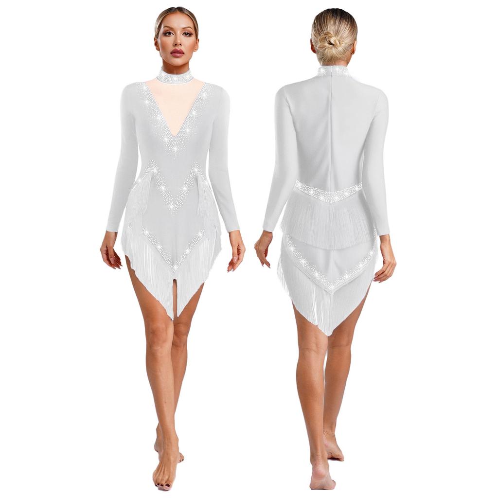 Women's Latin Dance Dress S-XXL - Shiny Rhinestones Mock Neck Long Sleeve with Tassels & Irregular Hem Stage Costume