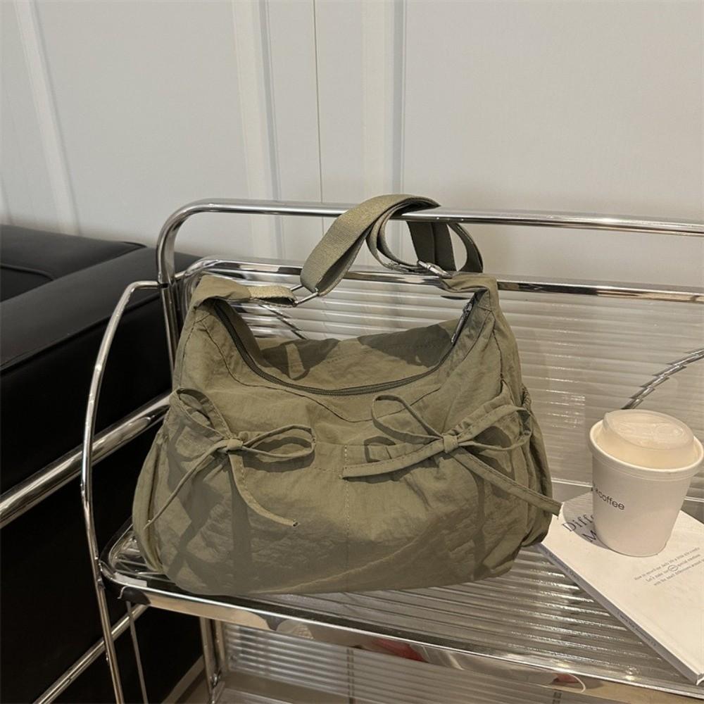 Solid Color Nylon Shoulder Bag Pleated Hobo Bag Cute Bow Crossbody Bag Women