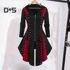 Women Cosplay Dress Gothic Color Matching Lace-up Strap Irregular Hem Hooded Long Sleeves Zipper Closure Festival Halloween Midi Dress