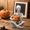Halloween Holding Pumpkin Skeleton Figurine Creepy Sitting Skeleton Resin Statue Sculpture Holiday Party Decoration Ornament