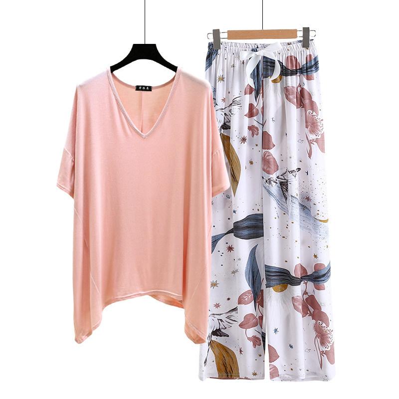 Необычная футболка и широкие брюки с цветочным принтом летние женские повседневные пижамные комплекты Костюм для дома с коротким рукавом Свободный легкий костюм для отдыха Большие размеры
