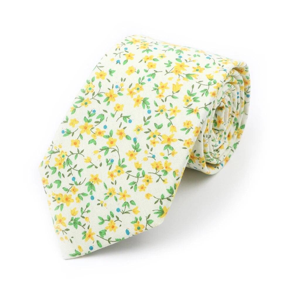 Floral Tie, For Men Women, 100% Cotton, Elegant Flower Necktie, White, Blue, Narrow Skinny, Wedding, Party