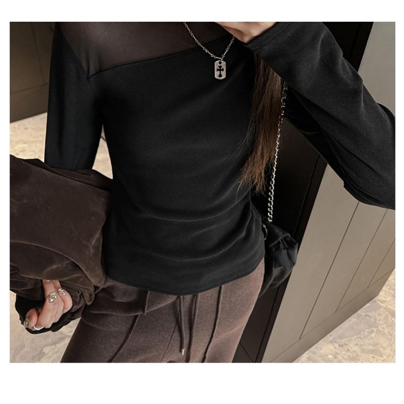 Women S Long Sleeve Slim Fit Mesh Patchwork Basic Top For Autumn Winter