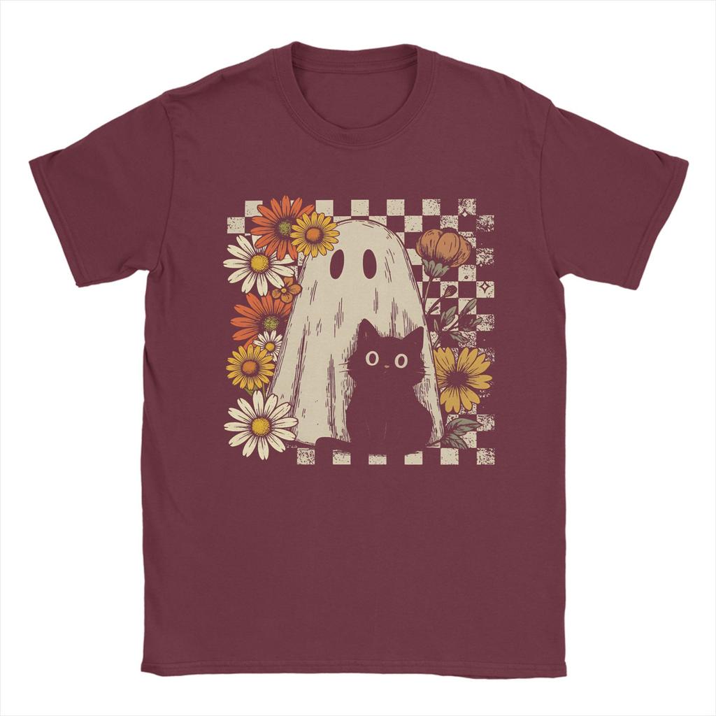 Boho Floral Fall Ghost Cat Halloween T Shirt Summer Hippie T-Shirts Mens Cotton O Neck Oversize Tees Short Sleeves Tshirt