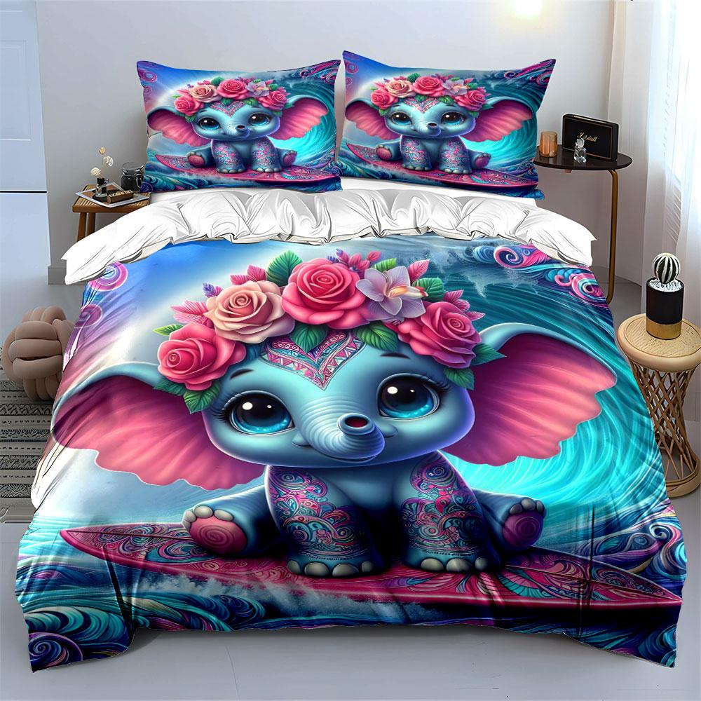 "Cartoon Elephant Surfing Decor" Multiple sizes kid's and adults' bedroom Exquisite 3PC bedding set, gift