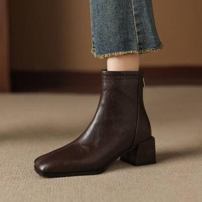 Осень и зима однотонные кожаные полусапоги на молнии сзади на среднем каблуке большого размера женские сапоги квадратный каблук удобные кожаные сапоги новый f