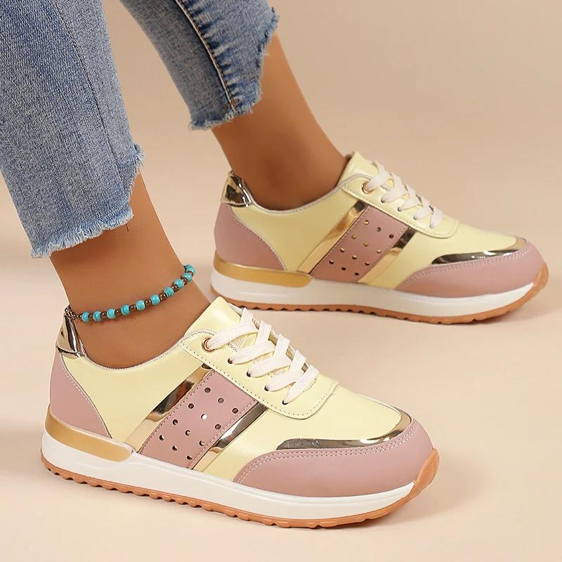 New  Women Lace-Up Running Shoes Sneakers Autumn Spring Woman Leather Patchwork Female Casual Shoes Women'S Vulcanized Shoes