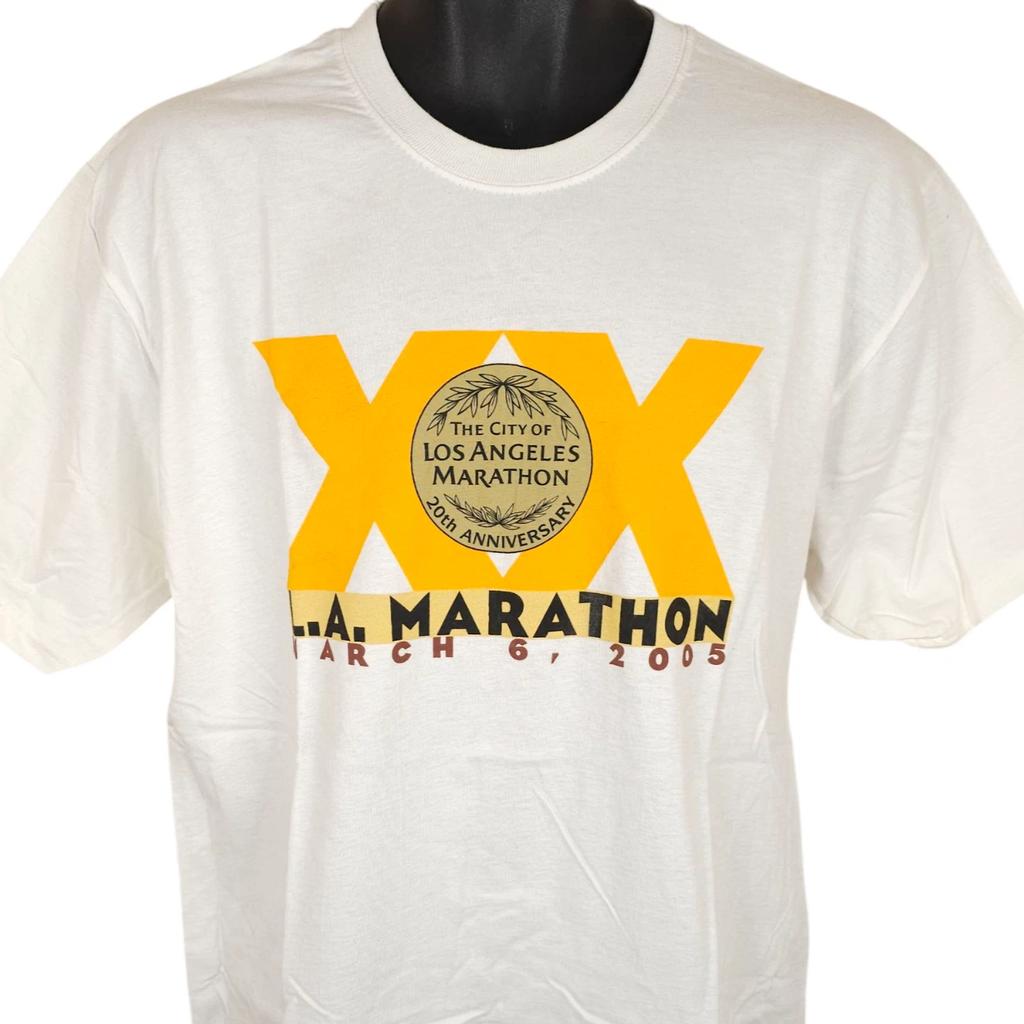 Vintage LA Marathon 100% Cotton T-shirt Mens Tees Top Mens Size Medium White Y2K 2005 Los Angeles Race