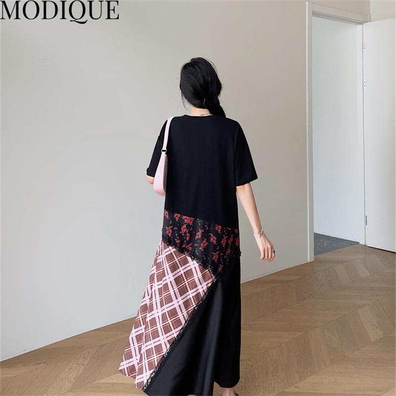 MODIQUE Summer Plus Size New Women Loose Patchwork A-Line Lace Printing Plaid Long Dresses Elegant Lady Casual Cotton O-Neck Short Sleeve Skirt