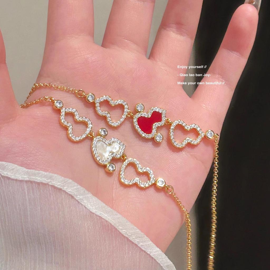 Gourd Necklace: White Mother-of-Pearl & Burgundy Gold On Luxurious Clavicle Chain with Sparkling Diamond Texture